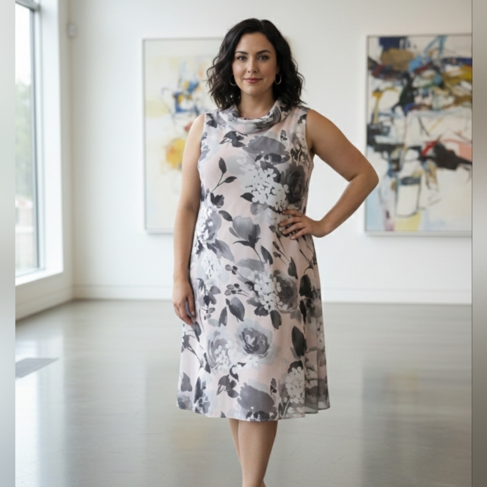 Connected Apparel Black and White Floral Midi Dress